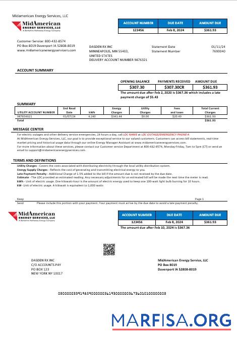 Blank USA Iowa MidAmerican Energy Services business utility bill template in Word and PDF formats